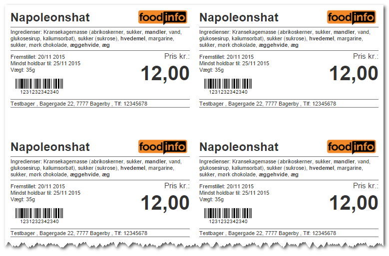 Udsnit af A4-ark med 2x4 labels (testopskrift). Logo og kontakt-info tages fra brugerens indstillinger, mens resten kommer fra opskriften.